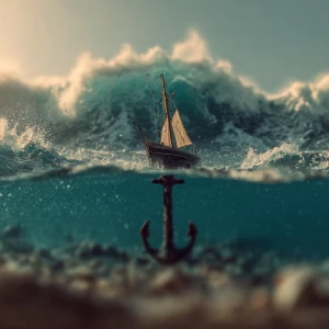 Create an image of a sailboat on the ocean facing a colossal wav...
