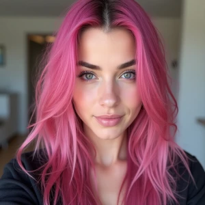 Photo of A stunning 24yo female, pink hair and purple eyes.