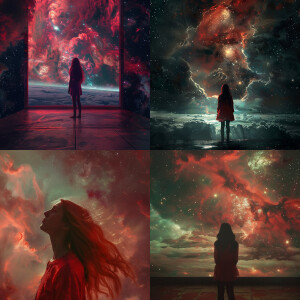 a girl  rojo viendo el espacio con el cielo totalmente nublado y...