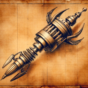 Aged parchment blueprint for a realistic alien probe, metal stic...