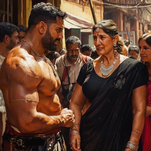 Photorealism, a muscular, sweaty criminal man  greeting guests a...