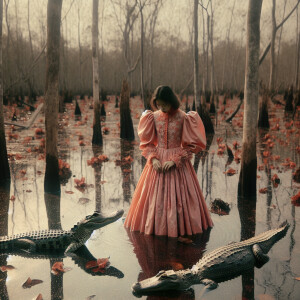 a young child in close proximity to three alligators in a swampy...