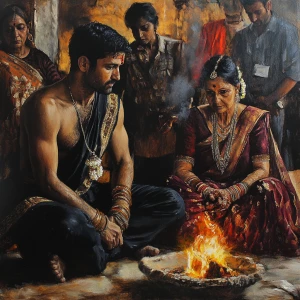 Hyperrealistic painting,A sweaty  man sitting beside his mother...