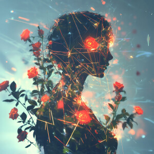 Abstract woman formed from geometric shards, surrounded by eerie...