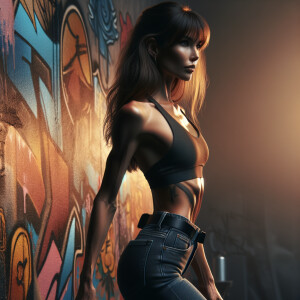 Athletic Thin skinny Attractive, Asian teenage girl, long brown hair and bangs, wearing tight skinny jeans and a halter top paint marks on her clothing, heroic pose Asian graffiti background, side view