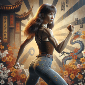 Athletic Thin skinny Attractive, Asian teenage girl, long brown hair and bangs, wearing tight skinny jeans and a halter top paint marks on her clothing, heroic pose Asian graffiti background, backside view