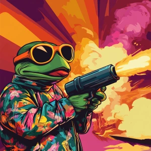 MEME PEPE in GTA art style, Pepe is firing a rocketlauncher, in...