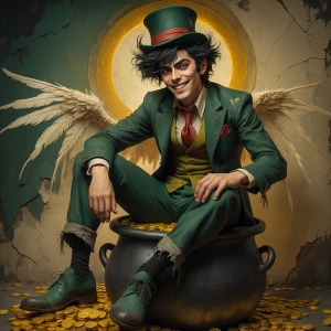 A dark, whimsical digital painting of a mischievous young man with wild, tousled black hair and a wide, almost sinister grin. Wearing a worn green suit with a loosely tied, tattered red tie and a green top hat, he sits casually on a huge, old cauldron full of gold coins. His hands rest playfully on his lap, his posture relaxed yet confident. His shoes are scuffed and clothing has frayed edges. Behind him, a faded, cracked fresco of a golden halo glows faintly, lending a touch of glamour. His small, fragile wings appear torn and tattered, resembling old parchment. The textured, peeling wall in the background lends a sense of decay and nostalgia. The overall atmosphere is a mix of gothic surrealism and baroque-inspired character portraiture. Created with: dark surrealism, vintage grunge aesthetic, textured brushstrokes, muted color palette with warm golden highlights, detailed fabric rendering, hauntingly whimsical hue, HD quality, natural look