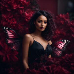 Beautiful woman in a black and burgundy dress with butterfly win...