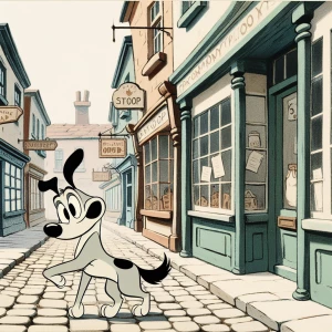 A cheerful dog wagging its tail while standing on a cobblestone street lined with old-fashioned, hand-painted storefronts