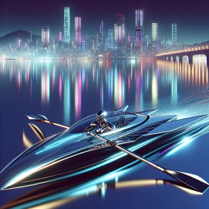 "Depict a sleek, futuristic rowboat gliding over a shimmering me...