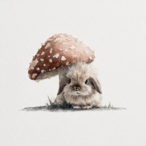 Small fluffy rabbit under large spotted mushroom, delicate water...