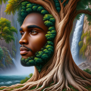 Create a hyper-realistic 3-D oil painting of a tree integrated w...