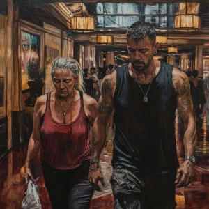 Realistic painting.A sweaty  man walking with his 54 year old mo...