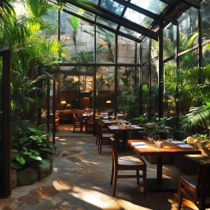Tropical forest and  stone indoor outdoor restaurant