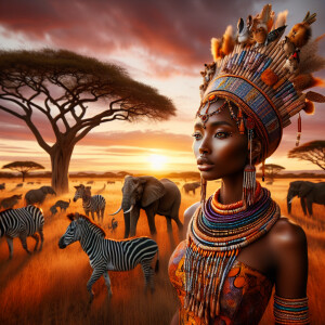 Envision a magnificent African savannah at the golden hour of su...