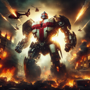 England as a transformer character, adorned with Saint George’s...