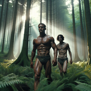 Walking topless through forest