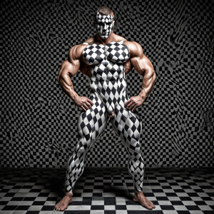 harlequin as a man bodybuilder