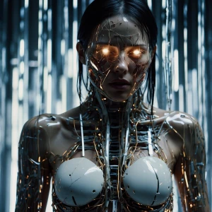 "A biomechanical woman standing in a fragmented digital void, he...