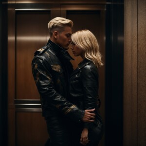 Man with short blonde hair wearing black camouflage pinning a wo...