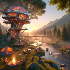 Forest, river, barbecue sunset, squirrels, tent, campfire, fishi...