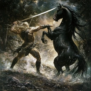 Unicorn-man fighting the black stallion