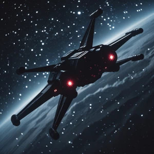 A shadowy, foreboding starfighter suspended in the vast darkness...