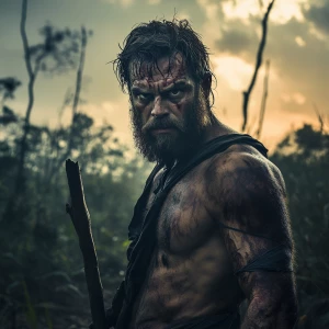 n the middle scene, on the top of a barren hill, stands a strong...