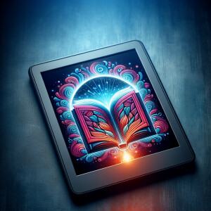 A logo with a book on a kindle screen