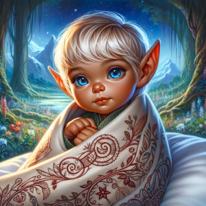 An elven baby with dark brown skin, blue eyes, and light blonde...