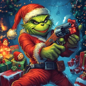 Grinch with a gun in his hands as a bandit. Use carton style. Ev...