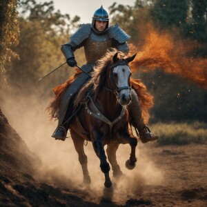 A knight on horseback charging into battle trail cam footage, ph...