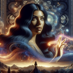 A half Mexican alien woman with long, flowing black wavy hair an...