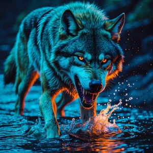 a magnificent bioluminescent wolf  growling, it's mouth open and...