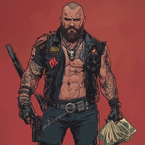 Create an image of a muscular man with a shaved head and a full...