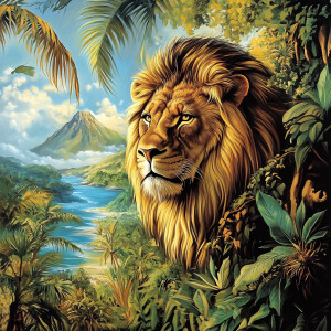 Lion in a picture with a Jamaican backdrop and style