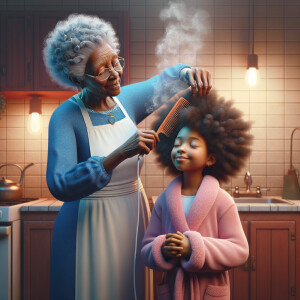 Create a realistic 3-D image of an african-American grandmother wearing a blue house dress and a white apron . She is in the kitchen with her african-American granddaughter. Her granddaughter is wearing a pink bath robe. The grandmother has a hot comb in her hand and she is straightening her granddaughters hair. One side of her granddaughters hair is in  a Afro the other straight 
There is smoke coming from the hot comb
The granddaughter is making a face as if to say grandma that hurt