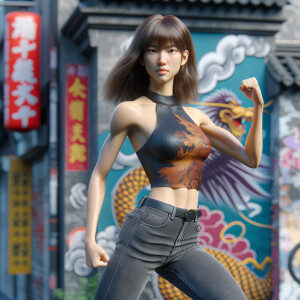 Athletic Thin skinny Attractive, Asian teenage girl, long brown hair and bangs, wearing tight skinny jeans and a halter top paint marks on her clothing, heroic pose Asian graffiti background