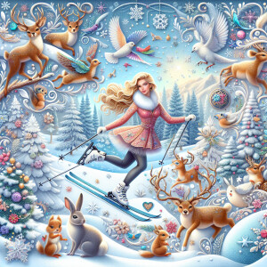Whimsical winter scenery featuring a blonde woman skiing accompa...