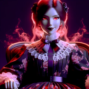 A woman named lilith wearing elegant gothic lolita dress  sitting on the thrones, red purple aura, smirk evil, 3D, humanlike