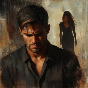 Generate an image depicting a forlorn man with an expression conveying deep sadness and disappointment. Behind him, illustrate a beautiful woman walking away, symbolizing the end of their romantic relationship.