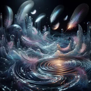 Visualize a dreamlike scene where delicate feathers and gelatino...