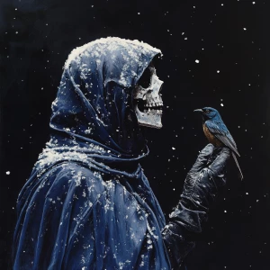 portrait side view of Skeleton wearing a blue velvet  hooded cap...