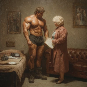 Hyperrealisticmoil painting, a muscular Russian man in his beach...