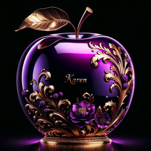 Envision a lustrous, oversized apple with a surface that gleams in a radiant shade of purple, as if lacquered to a high shine, reflecting light from its smooth, curvaceous form. The apple is adorned with elegant gold leaf patterns that swirl luxuriously around its contour, bringing a baroque opulence to its appearance. The stem, a bronzed sculpture in itself, supports a single leaf that seems to glow with an inner luminescence. At the apple’s base, a collection of flowers blooms, their petals softening the scene with organic shapes and colors that harmonize with the vibrant purple and gold. Incorporated into the metallic filigree in an artful script is the name "Karen," as if the apple were personally inscribed, enhancing the custom and bespoke quality of the piece.