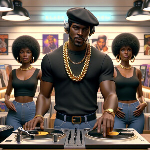 3D image of a Handsome  African American DJ from the 90’s. He we...