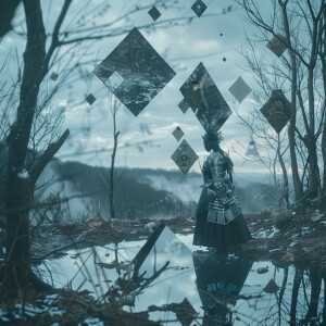 Create a surreal photograph inspired by Kansuke Yamamoto featuri...