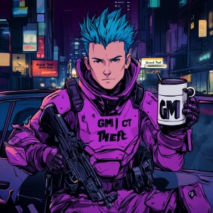 Create an image of a character with spiky blue hair, dressed in...