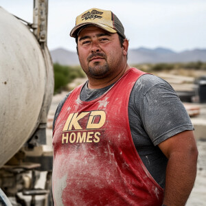 Miguel Hernandez a shirtless Caucasian Latino concrete mixer ope...